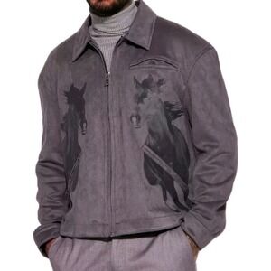 Novamen  Mens Medium Gray Western Faux Suede Full Zip Jacket Horse Rode Coat‎